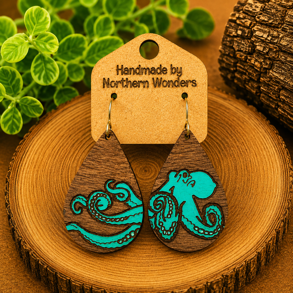 Turquoise Octopus Wood Earring