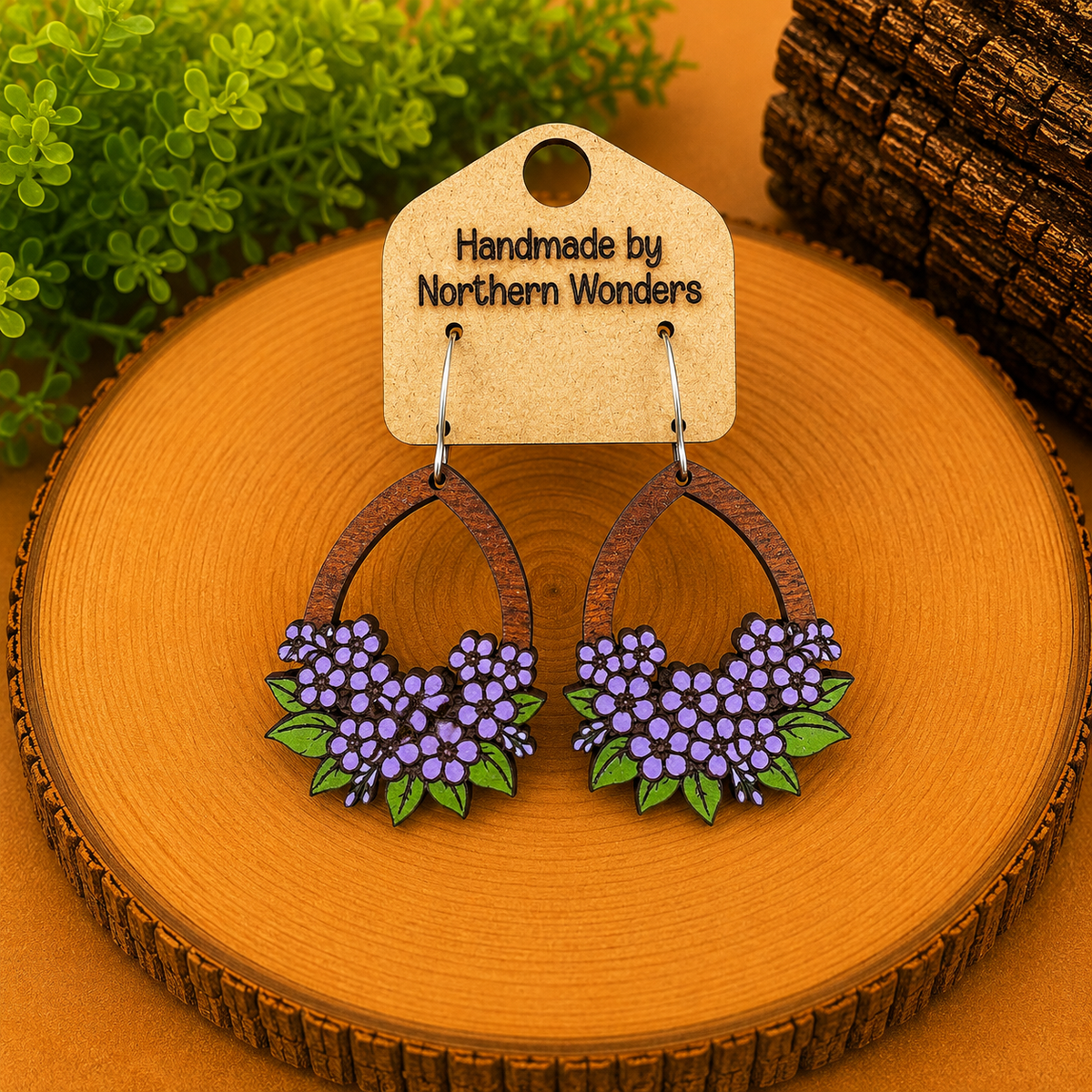 Purple Floral Wood Earring