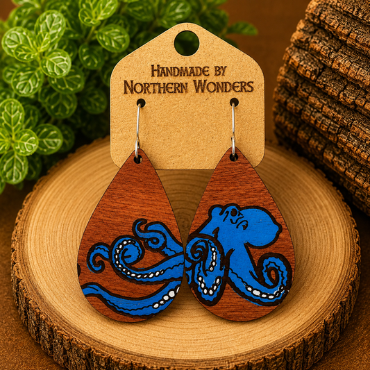 Blue Octopus Wood Earring