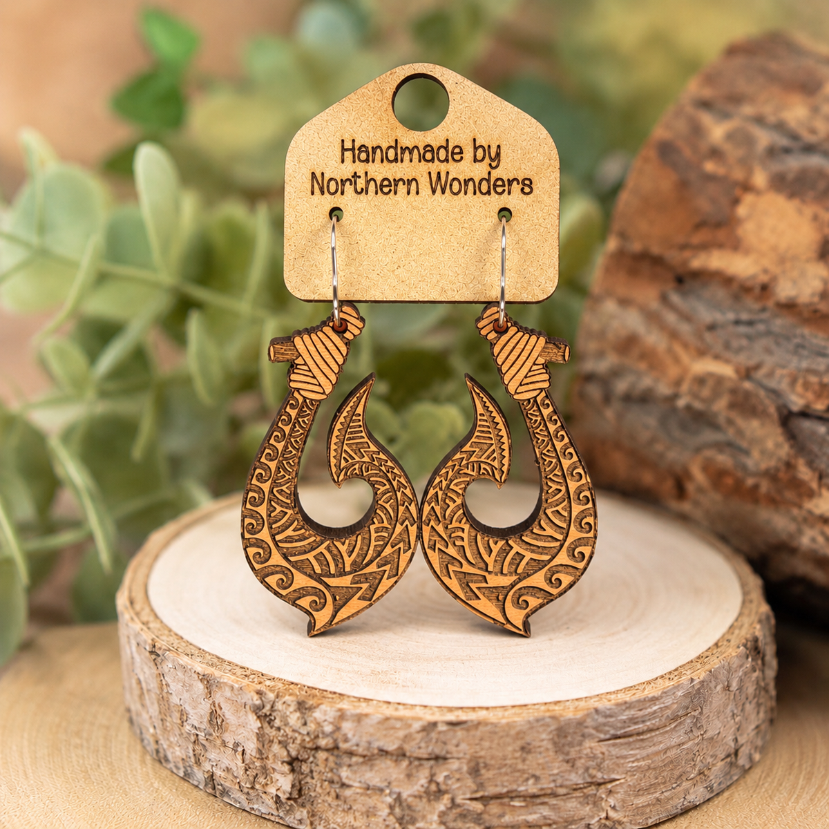 Polynesian Fish Hook Wood Earrings