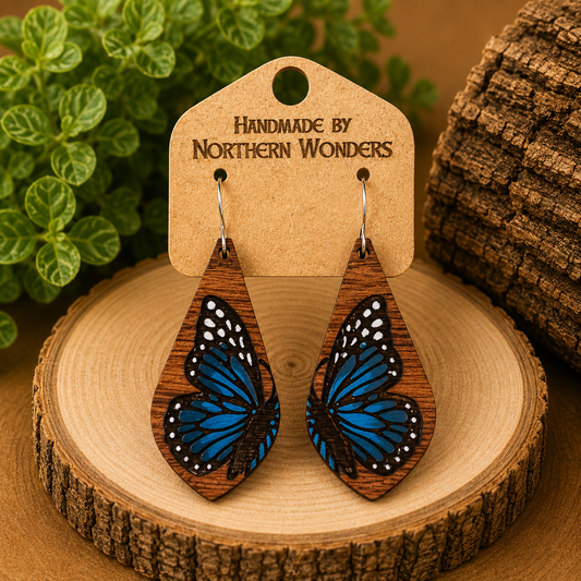 Blue Monarch Wood Earring